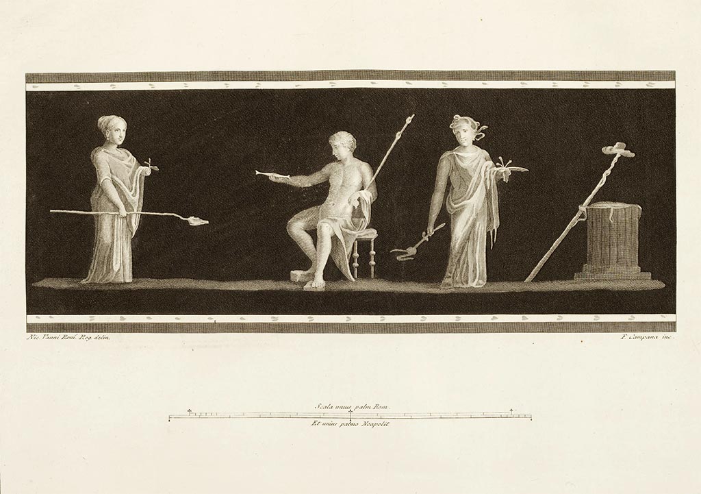 Ercolano Casa vicino al Teatro or Herculaneum House near the Theatre. Predella. A seated man, two women and a thyrsus leaning against a pilaster. 
See Antichità di Ercolano: Tomo Secondo: Le Pitture 2, 1760, p. 165, p. Tav. XXVII.
