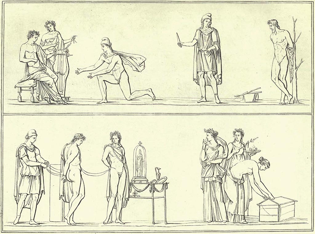 Ercolano Casa vicino al Teatro or Herculaneum House near the Theatre. Pre-1843 drawing by Abbate.
Top drawing, Marsyas and Apollo, MANN 9539.
Lower drawing, Orestes and Pylades, MANN 9538.
See Raccolta de più interessante Dipinture e di più belle Musaici rinvenuti negli Scavi di Ercolano, di Pompei, e di Stabia. 1843. Napoli.
