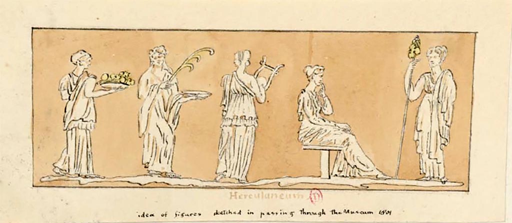 Ercolano Casa vicino al Teatro or Herculaneum House near the Theatre. Drawing by Gell of five figures, one seated.
See Gell, W. Pompeii unpublished [Dessins de l'édition de 1832 donnant le résultat des fouilles post 1819 (?)] vol II, pl. 3 verso..
Bibliothèque de l'Institut National d'Histoire de l'Art, collections Jacques Doucet, Identifiant numérique Num MS180 (2).
See book in INHA Use Etalab Licence Ouverte
