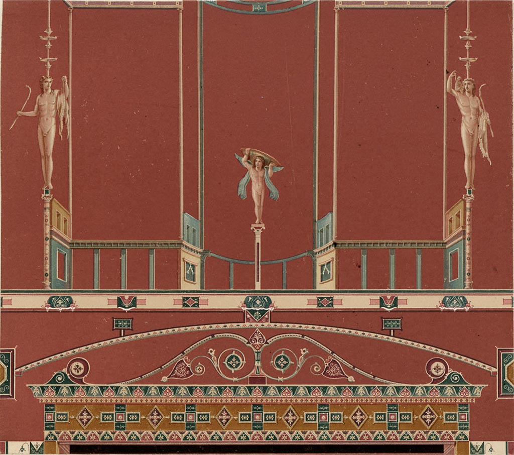 Ercolano Casa vicino al Teatro or Herculaneum House near the Theatre. Architectural painting with satyrs.
Restoration painting by A. Sikkard.
See Mau, A. 1882. Geschichte der Decorativen Wandmalerei in Pompeji. Berlin: Reimer, Taf. XIX.
