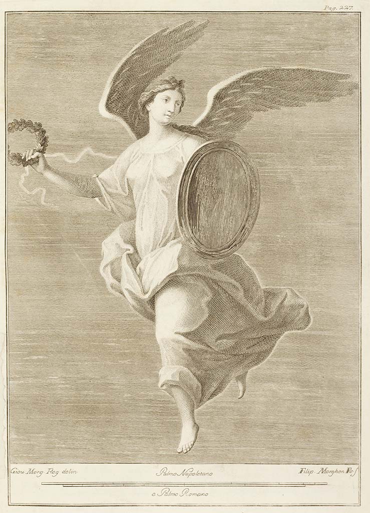 Ercolano Casa vicino al Teatro or Herculaneum House near the Theatre.
A floating figure with a laurel crown in hand, or Vittoria.
See Antichità di Ercolano: Tomo Secondo: Le Pitture 2, 1760, p. 225, Tav. XL.
Now in Naples Archaeological Museum. Inventory number 9157.
