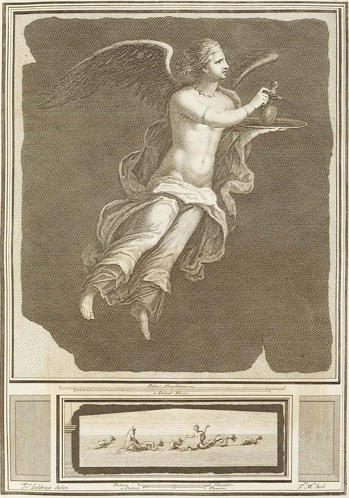 Ercolano Casa vicino al Teatro or Herculaneum House near the Theatre.
Floating winged figure (Hebe) with jug and basin in hands.
See Antichità di Ercolano: Tomo Secondo: Le Pitture 2, 1760, p. 221, Tav. XXXIX.
Now in Naples Archaeological Museum. Inventory number 9159.
