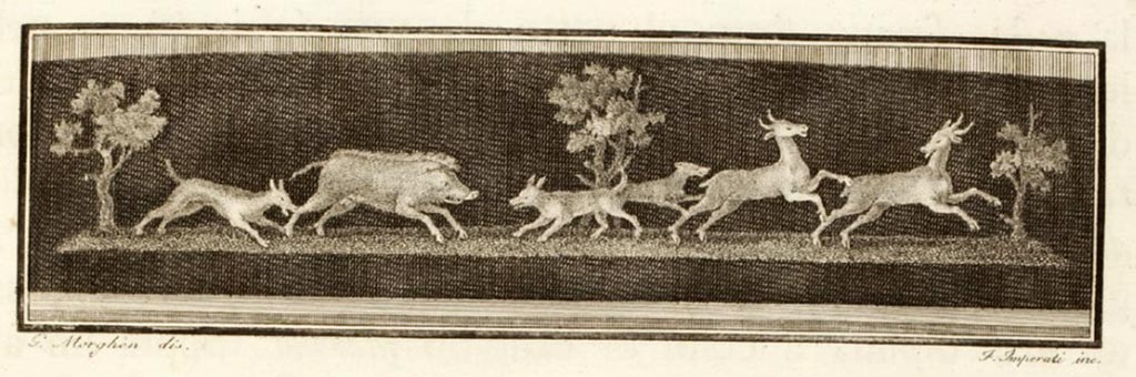 Ercolano Casa vicino al Teatro or Herculaneum House near the Theatre.
Hunting scene with dogs and deer.
See Antichità di Ercolano: Tomo Secondo: Le Pitture 2, 1760, p. 115, Tav. XVIII.
Now in Naples Archaeological Museum. Inventory number 8816.
