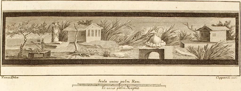 Ercolano Casa vicino al Teatro or Herculaneum House near the Theatre. A temple dedicated to a divinity.
See Antichità di Ercolano: Tomo Primo: Le Pitture 1, 1757, p. 221, Tav. XLI vignette.
Now in Naples Archaeological Museum. Inventory number 8571.
