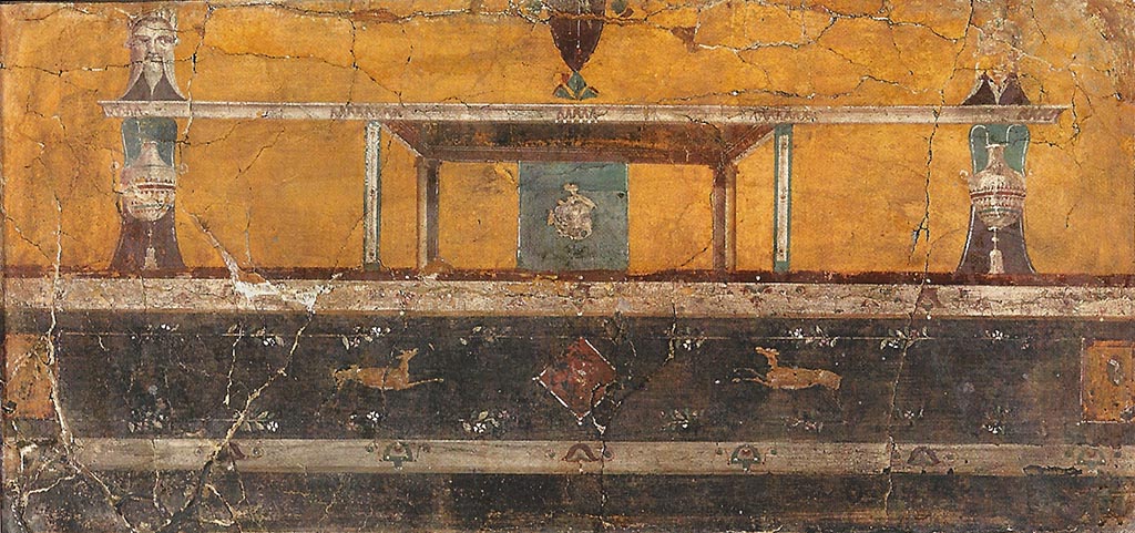 Ercolano Casa vicino al Teatro or Herculaneum House near the Theatre. Esposito identifies this as MANN 9684.
See Esposito, D., 2014. La pittura di Ercolano. Roma: L’Erma di Bretschneider, Tav. 90.
Now in Naples Archaeological Museum. Inventory number 9684.
