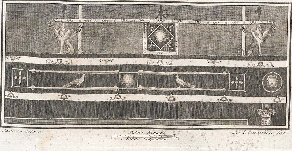 Ercolano Casa vicino al Teatro or Herculaneum House near the Theatre.
Architecture and grotesques decoration from the same wall. 
See Antichità di Ercolano: Tomo Quarto: Le Pitture 4, 1765, Tav. X vignette p. 47.
Now in Naples Archaeological Museum. Inventory number 9685.
