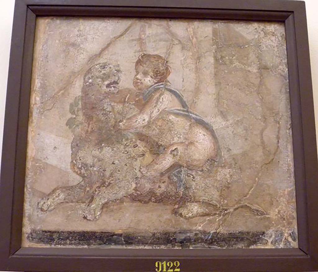 Ercolano Casa vicino al Teatro or Herculaneum House near the Theatre. Young boy probably Bacchus riding a panther. 
Now in Naples Archaeological Museum. Inventory number 9122.
See Helbig, W., 1868. Wandgemälde der vom Vesuv verschütteten Städte Campaniens. Leipzig: Breitkopf und Härtel, 369.

