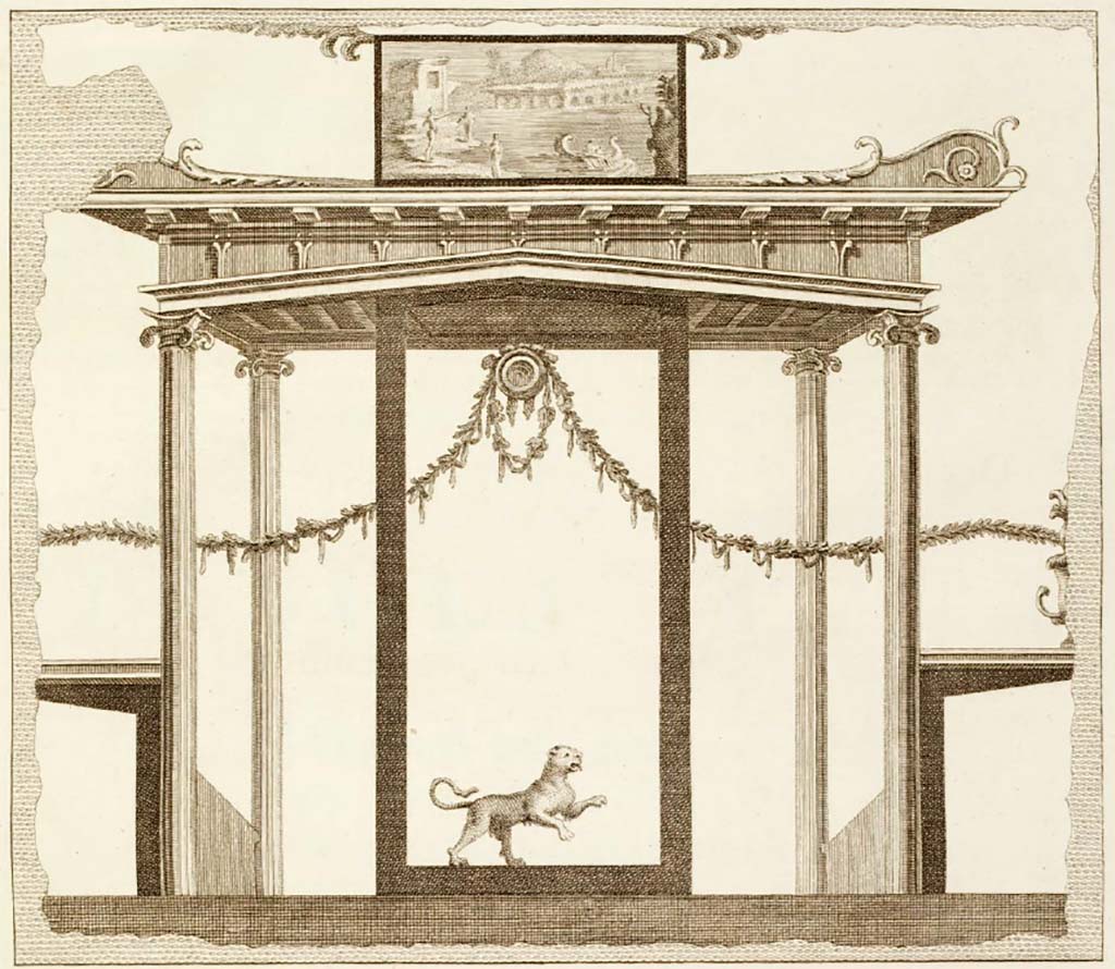 Ercolano Casa vicino al Teatro or Herculaneum House near the Theatre. Lion and landscape in architecture grotesque.
See Antichità di Ercolano: Tomo Primo: Le Pitture 1, 1757, Tav. LXIV, p. 233.
Now in Naples Archaeological Museum. Inventory number 8583.
