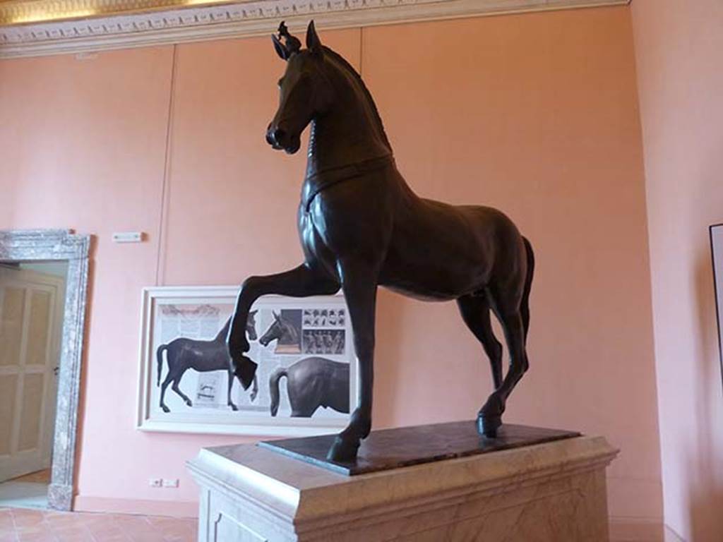 Herculaneum Theatre. Found in May 1739. Copy in the Palazzo Reale of the reconstructed horse from a quadriga.
Now in Naples Archaeological Museum. Inventory number 4904.
According to the information board in the Palazzo Reale in 2015, the reconstructed horse is in fact a pastiche, a skilful assembly of fragments of four bronze horses which originally drew a carriage driven by an army leader. The remains of this very important monument – parts of horses, their reins, and the carriage with its ornaments -, which probably graced the western arch granting access to the “Basilica” in Herculaneum, were found at different times from May 1739 onwards. Unfortunately, they were brought to Naples where for many years they were left in a courtyard in the royal palace at the mercy of the weather, vandalism and thieves. Finally, the decision was taken to smelt part of them to make two large bas-reliefs with busts of the king and queen.  Only many years later did Camillo Paderno make the proposal to use what remained to put together the so called Mazzocchi horse, named after the erudite author of the inscription on the high plinth the work stood on in the courtyard of the Museo Ercolanese.
