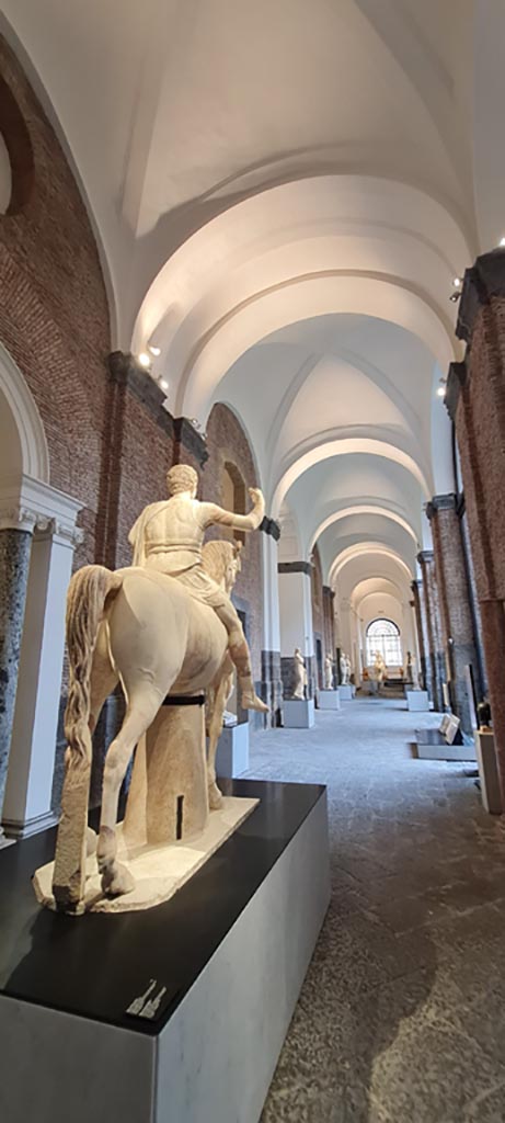 Herculaneum, public area. April 2023. 
Rear of white marble statue of Marcus Nonius Balbus, looking towards the other (second) statue of M.N Balbus at other end of gallery. 
On display in “Campania Romana” gallery of Naples Archaeological Museum, inv. 6014.
Photo courtesy of Giuseppe Ciaramella.
