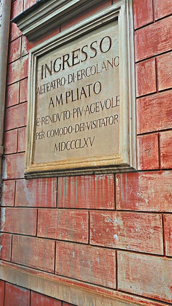 Herculaneum Theatre, photo taken between October 2014 and November 2019.
Plaque on entrance to ancient Theatre. Photo courtesy of Giuseppe Ciaramella.
