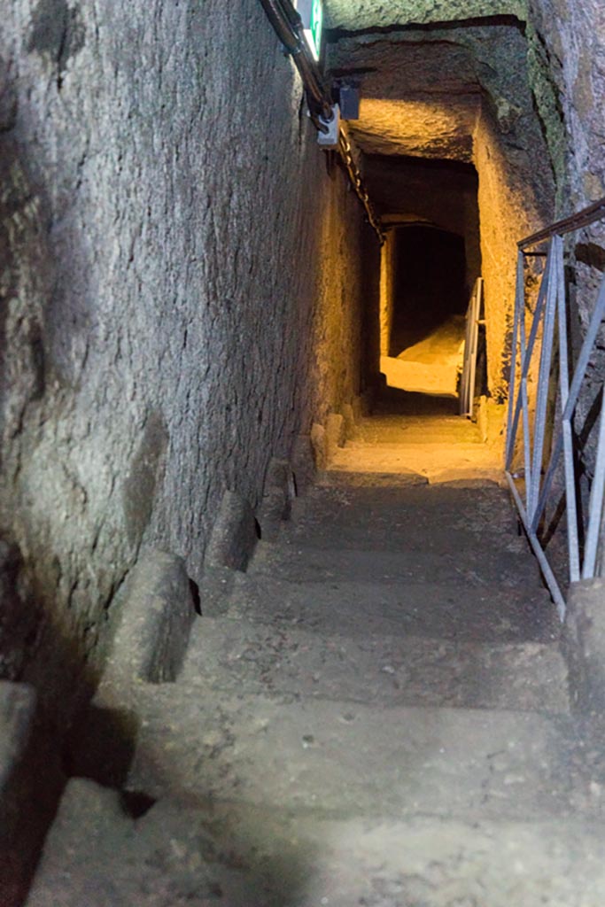 Herculaneum Theatre. October 2023. Steps down to the theatre. Photo courtesy of Johannes Eber. 