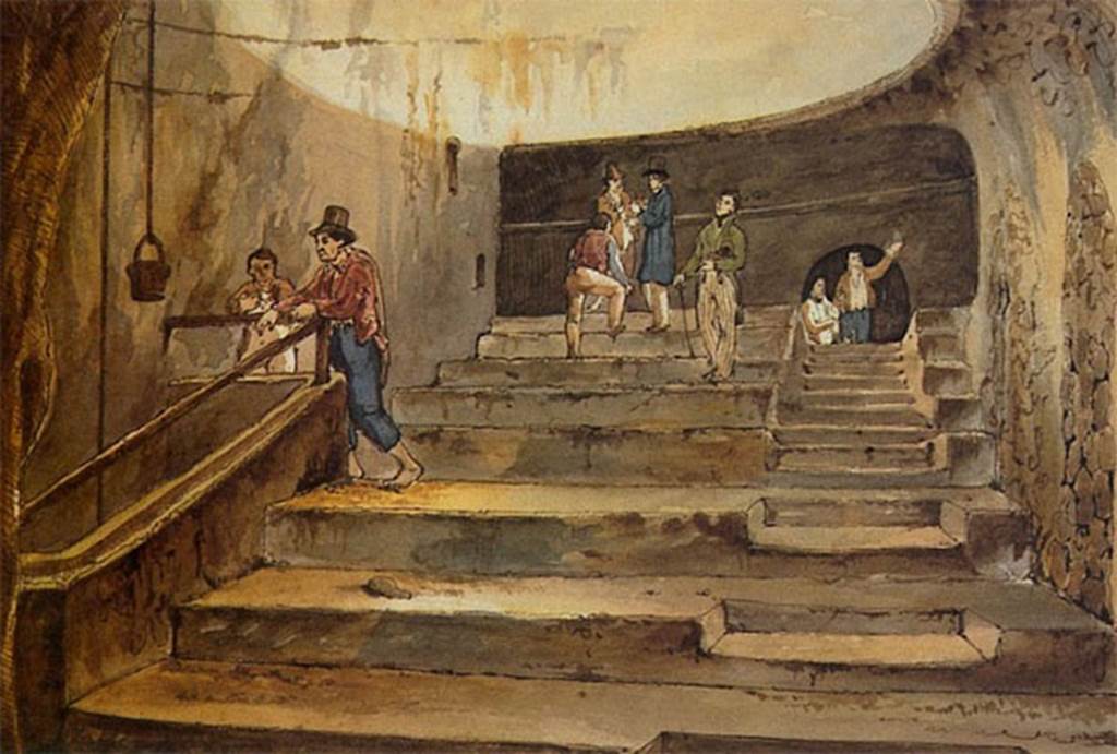 Herculaneum Theatre. Early 1800s painting by Giacinto Gigante. “Veduta della parte centrale della cavea del teatro di Ercolano”.
See Fino, L., 1988. Ercolano e Pompei. Vedute neoclassiche e romantiche, Napoli, p. 136.
