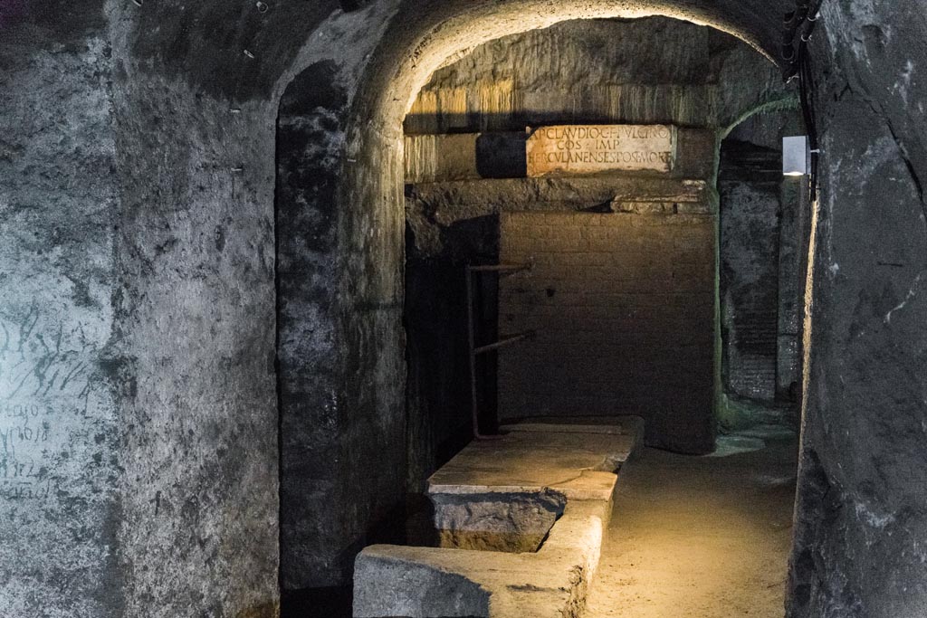 Herculaneum Theatre. October 2023. Looking west towards base with honorary inscription. Photo courtesy of Johannes Eber. 