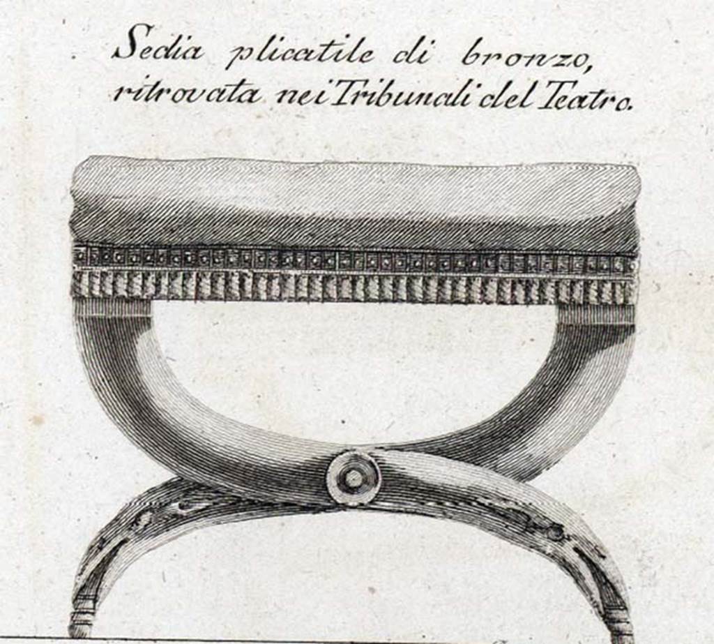 Herculaneum Theatre. Bronze seat found in the tribunal of the theatre.
See Piranesi, F, 1783. Teatro di Ercolano, Tav. IX.
An honorific chair was set up in memory of Appius Claudius Pulcher.
A second honorific chair was set up for Marcus Nonius Balbus.

