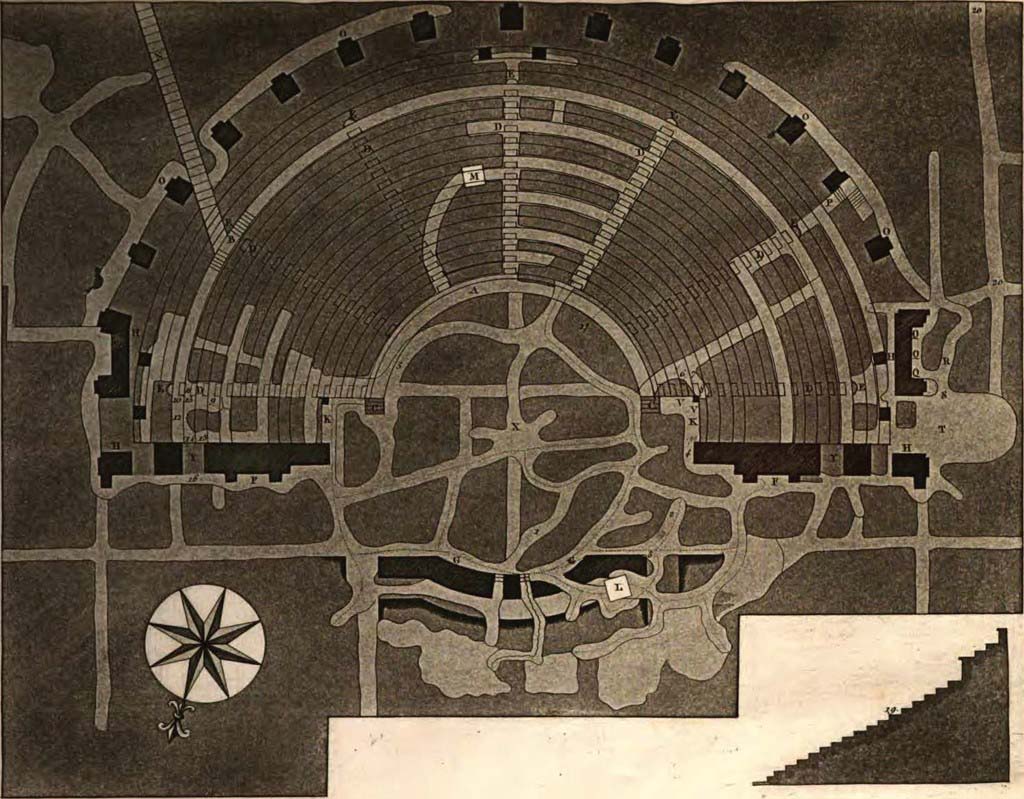 Herculaneum Theatre. 1739 Theatre plan attributed to Rocco Joachim de Alcubierre. 
According to Parslow, “The plan and cross section of the theatre was drawn by Alcubierre about 1739 but not engraved until March 20, 1747. 
The numbers and letters were keyed to a legend that was printed separately.
L marks the shaft used first by d’Elboeuf, while the dotted lines indicate his tunnels;
N is the later stairway giving access to the site;
Q is the niche in the exterior façade from which Alcubierre removed 3 togate statues;
20 is the tunnel heading in the direction of the Basilica.”
