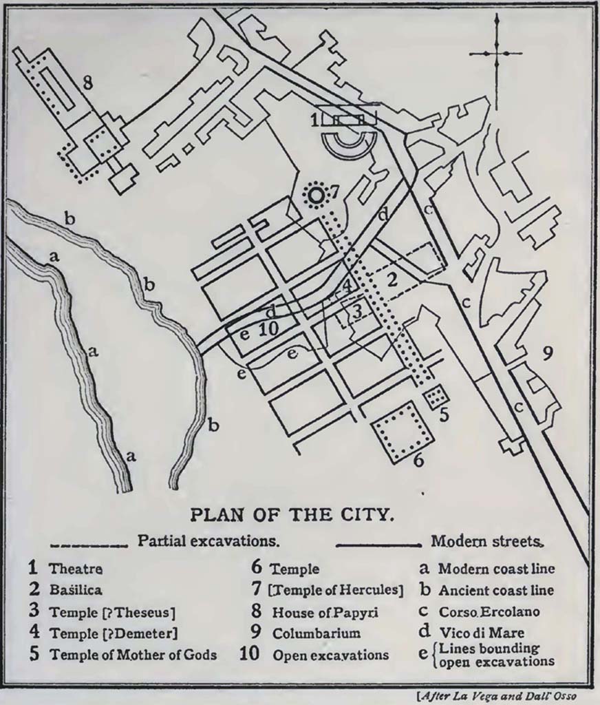 Herculaneum Columbarium. Plan published in 1908 by Ethel Barker after earlier plans by La Vega and Dall’Osso.
The Columbarium is number 9 on the plan.

According to Pagano and Prisciandaro –
28th Feb 1750 –
“A Resina fuori la masseria Bisogna si è scoperto un piccolo ambiente, che era il deposito dei morti di quella casa, nella quale (si è fatto il disegno) si vedono otto piccolo nicchie, in ognuna delle quali vi è una urna con coperchio contenente ossa bruciate. Sopra le suddette nicchie si leggono i seguenti nomi scritti con vernice rossa……..” (See Diario, p.279; mancano nel CIL).

7 Aprile 1750 – (Martorelli al Gori – vedi sotto, De Jorio,) –
1. M(arcus) Nonius L. (?) – CIL X 1473.
2. M(arcus) Nonius/VIII Men(enia) – CIL X 1474
3. L(ucius) Sulla L (?) – CIL X 1475 
See Pagano, M. and Prisciandaro, R., 2006. Studio sulle provenienze degli oggetti rinvenuti negli scavi borbonici del regno di Napoli. Naples: Nicola Longobardi, (P.206).
