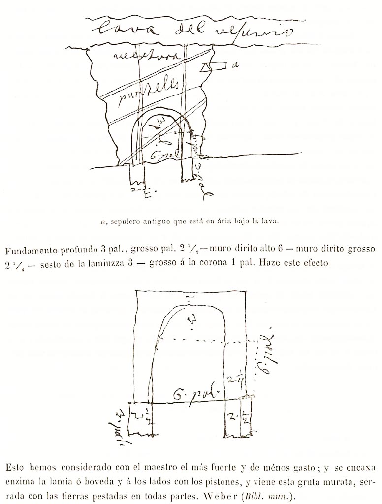 January 1760 report by Karl Weber.
See Ruggiero, M. (1885). Storia degli scavi di Ercolano ricomposta su’ documenti superstiti. (p.302)
