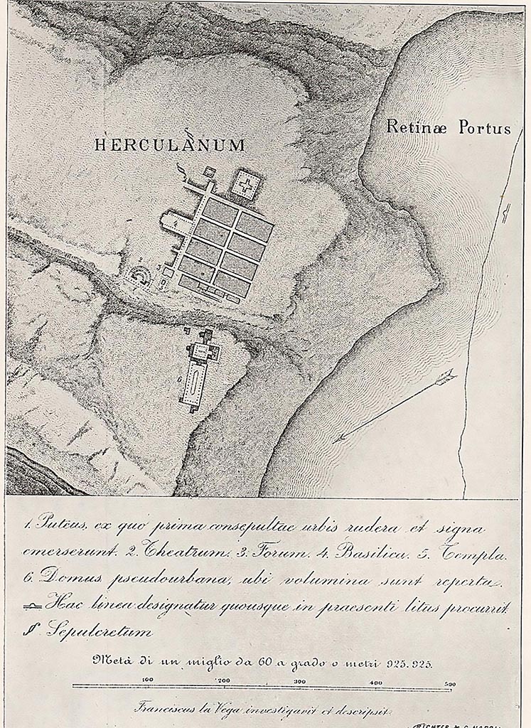 Plan of Herculaneum by F. La Vega, 1796. 
La Vega marks two “Sepulcretum” (§) on the south-east side of the city, on this plan.
See Ruggiero M., 1885. Storia degli scavi di Ercolano ricomposta su' documenti superstiti, Tav II (inset).
