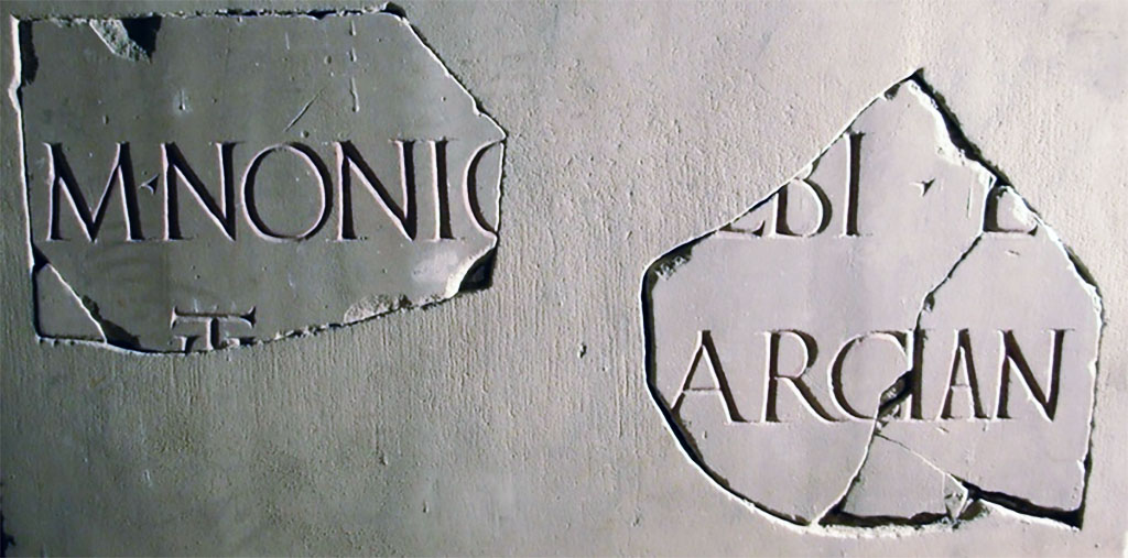 Two parts of the Herculaneum funerary dedication to M. Nonius Eutychus Marciano.
Now in Naples Archaeological Museum. Inventory number 3757a and 3757b.
