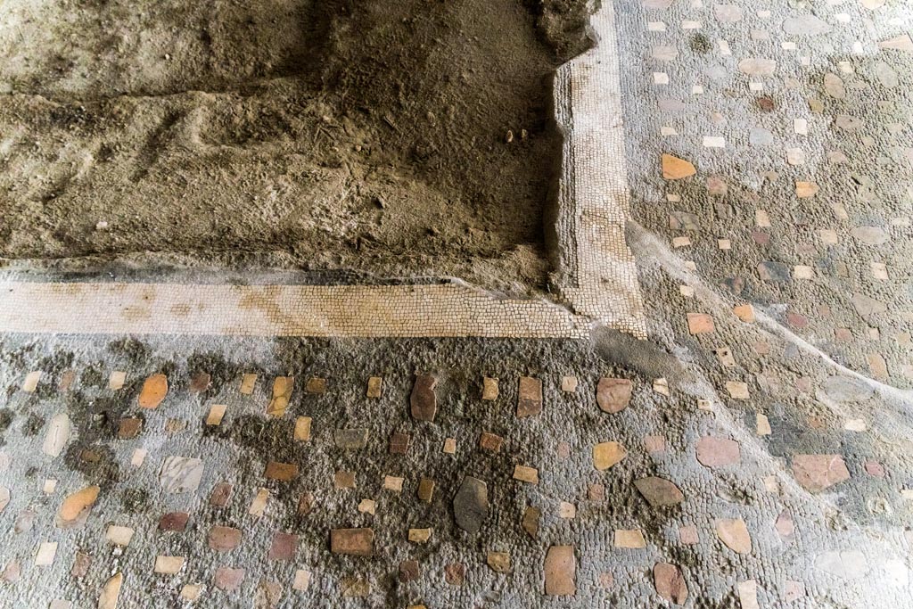 Herculaneum Villa dei Papiri. October 2023. 
Atrium (c), detail of impluvium and coloured chippings in atrium floor. Photo courtesy of Johannes Eber. 
