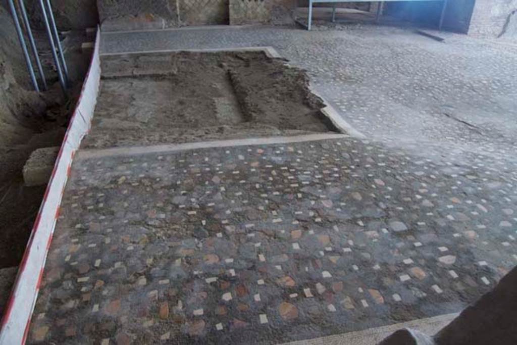 Villa dei Papiri, Herculaneum. July 2010. 
Looking east across room (c), the atrium, with black tessellated flooring with coloured chippings.
Photo courtesy of Michael Binns.
