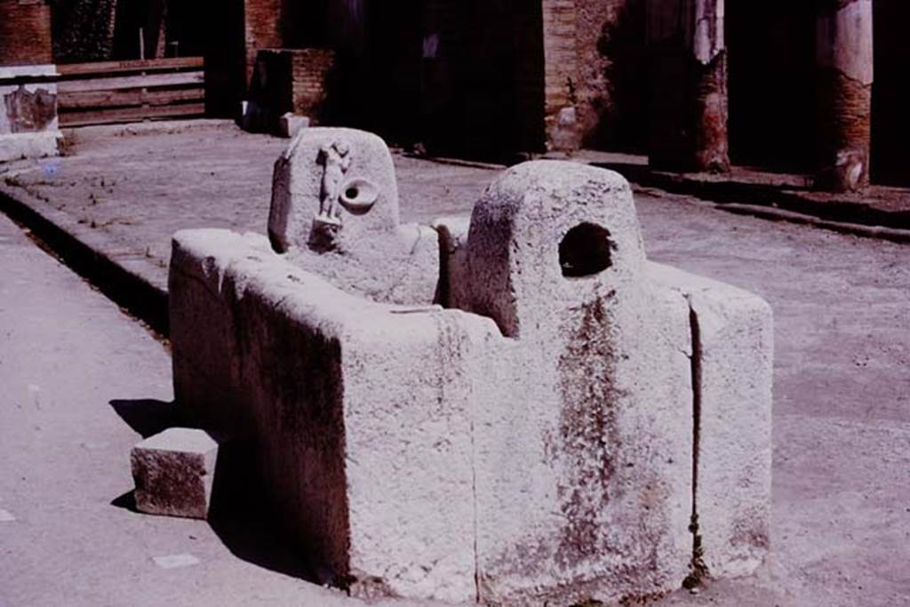 Fountain of Venus, Decumanus Maximus, Herculaneum. 1975. West side, looking north-west.
Photo by Stanley A. Jashemski.   
Source: The Wilhelmina and Stanley A. Jashemski archive in the University of Maryland Library, Special Collections (See collection page) and made available under the Creative Commons Attribution-Non-Commercial License v.4. See Licence and use details.
J75f0705
