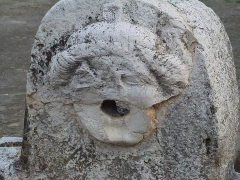 Fountain of Venus, Decumanus Maximus, Herculaneum. October 2012. 
Detail of face from east end of fountain. Photo courtesy of Michael Binns.
