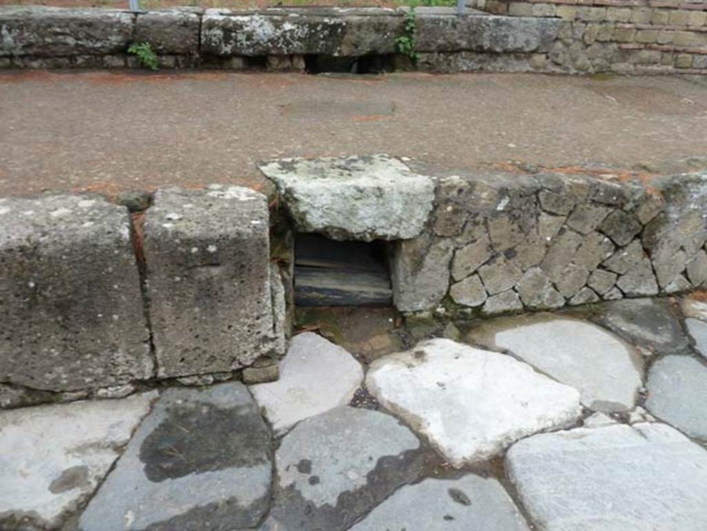 Ins. Orientalis II 1, Herculaneum, September 2015. Drain under pavement on east side of Cardo V Inferiore.