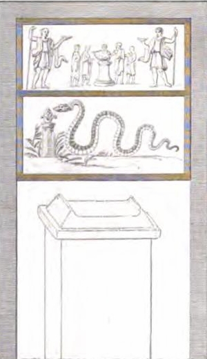 IV.4.g Pompeii. Drawing of the painting found above a street altar between IV.4.f and IV.4.g. In the middle was a round altar with five small figures in long white tunics. In the centre behind the altar was a Tibicen. On either side were pairs of Vicomagistri with right arms outstretched to the altar. Two large Lares flank the scene. In the lower zone was a serpent approaching from the left to an altar with eggs and fruit on it.
See Fröhlich, T., 1991. Lararien und Fassadenbilder in den Vesuvstädten. Mainz: von Zabern. (p.315, F24)