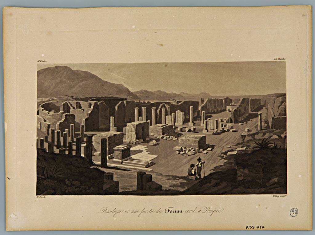 Arched monument at south end of Forum. 1827. Aquatint by Gustaf Witting (1788-1830).
The view shows the forum of Pompeii, with part of the pavement in Travertine, the foundations of statues, the civil buildings and at the top the basilica.
Now in Naples Archaeological Museum. Inventory number ADS 717.
See Le Riche J. M., 1827. Vues des monumens antiques de Naples. Cahier 6 Pl. 30.
Photo  ICCD. https://www.catalogo.beniculturali.it
Utilizzabili alle condizioni della licenza Attribuzione - Non commerciale - Condividi allo stesso modo 2.5 Italia (CC BY-NC-SA 2.5 IT)

