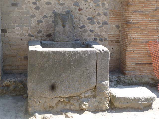 VII.8 Forum. December 2005. Fountain outside north wall with relief of head of dog.