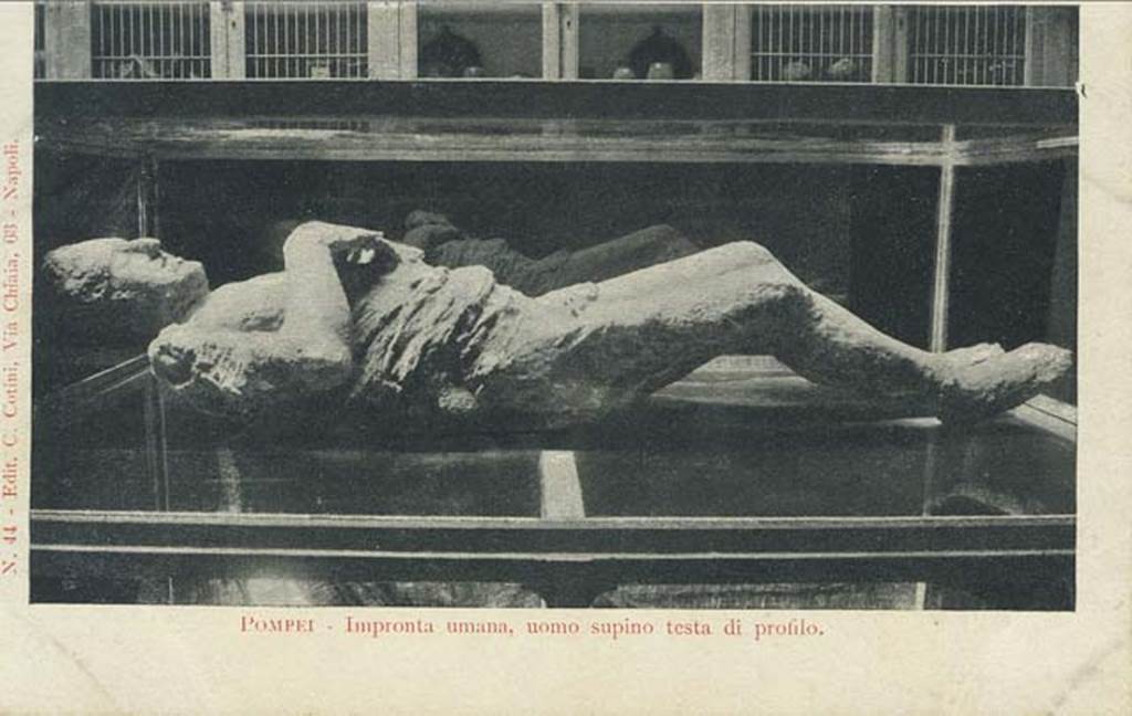 Pompeii Stabian Gate. Old undated postcard showing huiman plaster cast made on 11th October 1889, and on display in the Antiquarium in this photo. Known as victim No.13, see explanation above. Photo courtesy of Rick Bauer.