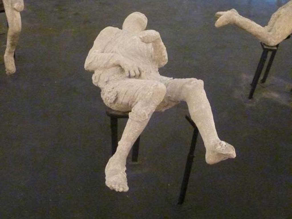 Pompeii, September 2015. On display as an exhibit in the Summer 2015 exhibition in the amphitheatre. Plaster cast of victim numbered 16, found 12th March 1890 outside of the Porta Stabiana. According to NdS, 12th March 1890, following the excavation of the agger on the right going out from Porta Stabiana, at a distance of about 72 metres from the Gate, the imprint of a human body was found in the compacted layer of ash. Sig. Salvatore Cozzi directed the operation to cast the plaster-cast. The reproduction was one of the best and most successful made up until that time.
The cast represented a young slim male, lying on his left side, wrapped in a cloak and with short pants that exposed his legs below the knee. The sandal he was wearing was clearly seen on his right foot. Nothing more could be said of the left leg, because this and the hand turned out badly. Height 1.55 metres. 
See Notizie degli Scavi, 1890, p.128
See Dwyer, E., 2010. Pompeii’s Living Statues. Ann Arbor: Univ of Michigan Press. (p.107 and fig.48).
