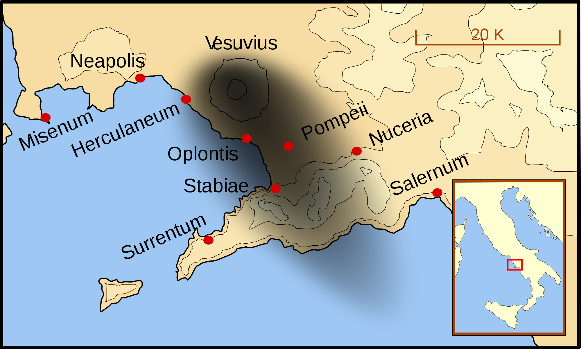 Bay of Naples 79AD -- Plan of Vesuvius ash distibution from the 79 AD eruption showing the cities and towns which were affected. Photo by MapMaster, Wikimedia.
