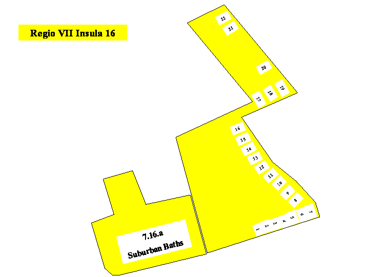 Pompeii Regio VII(7) Insula 16. Plan of entrances 1 to 22 and the Suburban Baths VII.16.a