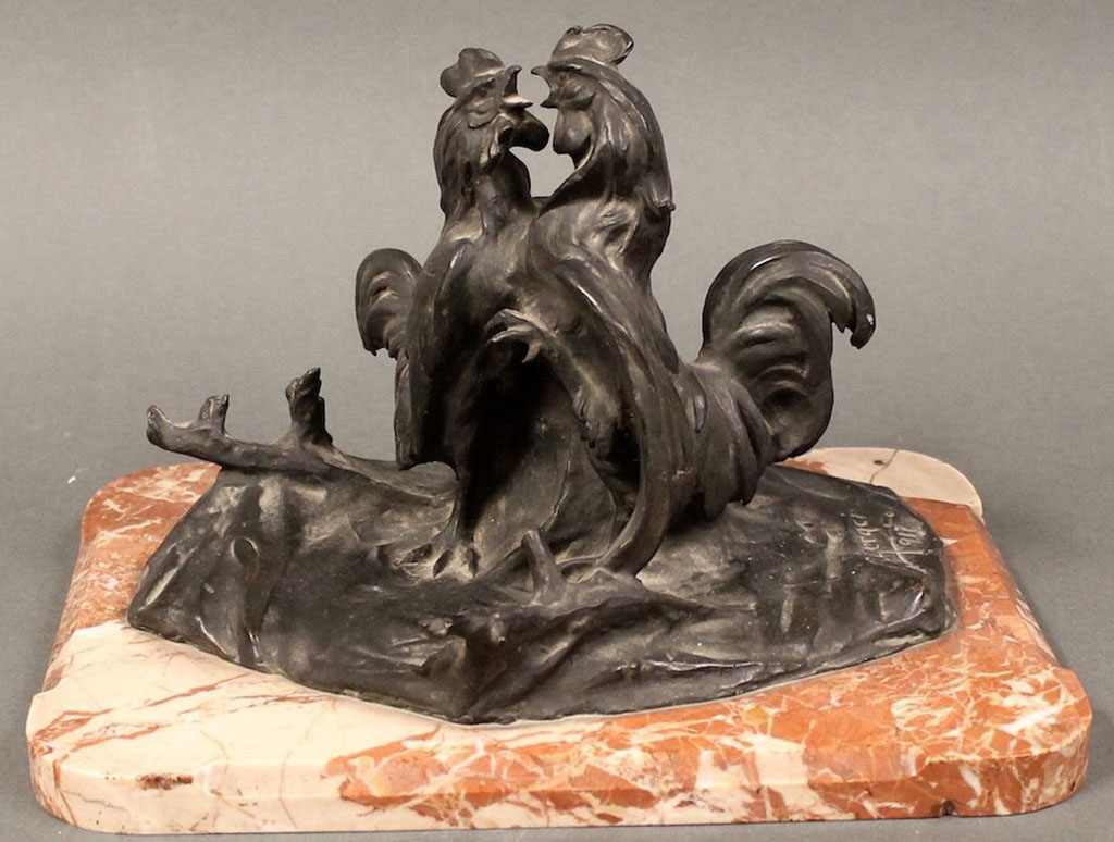 "Cockfight" by Gaetano Geraci. Group in antique bronze on veined marble base. Dated 1917. Fonderia Laganà Napoli.