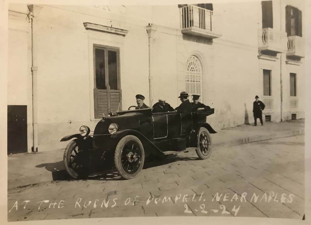 H.1c. Pompeii, 2nd February 1924. Photo taken near the ruins of Pompeii, unspecified location. 
The motor car is outside the Hotel Suisse where the horse and carriage were in the 19th century postcard above.
Photo courtesy of Rick Bauer.


