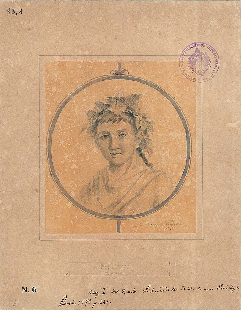 I.2.6 Pompeii. 1875 drawing by E. Eichler of a medallion of a young person crowned with vine foliage. 
The drawing is titled “South wall of triclinium right from peristyle”.
PPM gives two possible locations, the second being this exedra at the side of the stairs on the opposite side of the peristyle.
DAIR 83,1. Photo © Deutsches Archäologisches Institut, Abteilung Rom, Arkiv. 
See Pappalardo, U., 2001. La Descrizione di Pompei per Giuseppe Fiorelli (1875). Napoli: Massa Editore. (p.35)
See Carratelli, G. P., 1990-2003. Pompei: Pitture e Mosaici: Vol. I. Roma: Istituto della enciclopedia italiana, p. 13.
