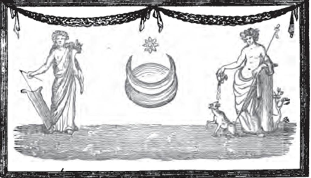 I.2.20 Pompeii. Painting of Bacchus and Fortuna, found under the niche on the north wall of garden. See Fiorelli, Descrizione di Pompei, 1875, (p. 46).
According to Boyce, in the centre was a globe, attached to it was a crescent moon and above it, a star. On the left stood Fortuna, holding a cornucopia in her left and a rudder in her right hand. On the right was Bacchus, resting his left arm on a pilaster and holding a thyrsus.
With his right hand, he tips wine from a kantharos into the mouth of the panther standing at his side. Across the top are two garlands.
See Boyce G. K., 1937. Corpus of the Lararia of Pompeii. Rome: MAAR 14. (p.22-23, no.13) 

