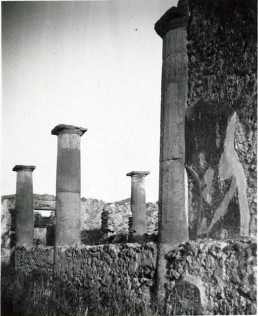 I.3.8b Pompeii. 1935 photograph taken by Tatiana Warscher, looking east along the north portico, and towards a column on the east portico.  
See Warscher, T, 1935: Codex Topographicus Pompejanus, Regio I, 3: (no.19a), Rome, DAIR, whose copyright it remains.  
