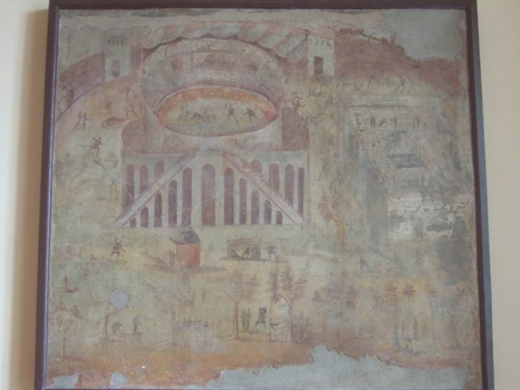 I.3.23 Pompeii. Rear wall of the peristyle. Painting of “Riot in the Amphitheatre” depicting the fight between the Nucerians and the Pompeians. Now in Naples Archaeological Museum. Inventory number 112222.