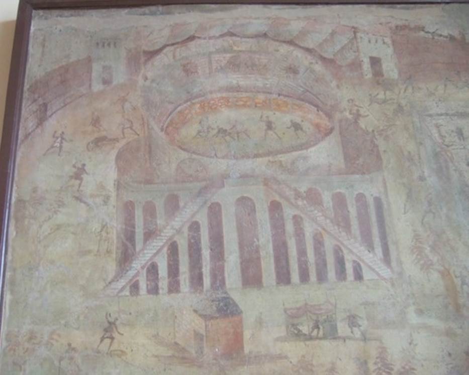 I.3.23 Pompeii. Rear wall of the peristyle. Fighting inside the amphitheatre, and continuing outside. Detail from painting Riot in the Amphitheatre. Now in Naples Archaeological Museum. Inventory number 112222.
