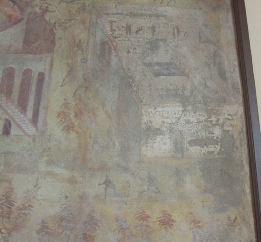 I.3.23 Pompeii. Rear wall of the peristyle. Palaestra with painted graffiti on its north facade. Detail from painting Riot in the Amphitheatre. Now in Naples Archaeological Museum. Inventory number 112222.