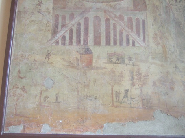I.3.23 Pompeii. Rear wall of the peristyle. Detail from painting Riot in the Amphitheatre. Now in Naples Archaeological Museum. Inventory number 112222.
