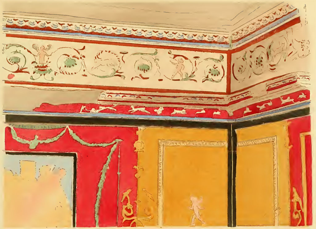 I.3.25 Pompeii. Undated painting by Pierre Gusman of detail of upper wall in the cubiculum, south-west corner.
Described as - XXI. 1 Frise d'une chambre du quatrime style (Rgion 1, 2, 25).
See Gusman P., 1924. La Dcoration Murale de Pompei. Paris : Moranc, pl. XXI,1.

