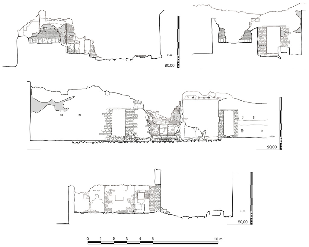 Fig. 10 – Pompéi, boulangerie I 3, 27 – Coupes longitudinale et transversale du four (en haut) ; salle des meules, élévation sud (au milieu) ; salle du pétrin, élévation occidentale (en bas).
Échelle : 1/100.
Relevé / dessin : F. Fouriaux / S. Mencarelli – EFR. Utilisation soumise à CC-BY-NC-SA 4.0
