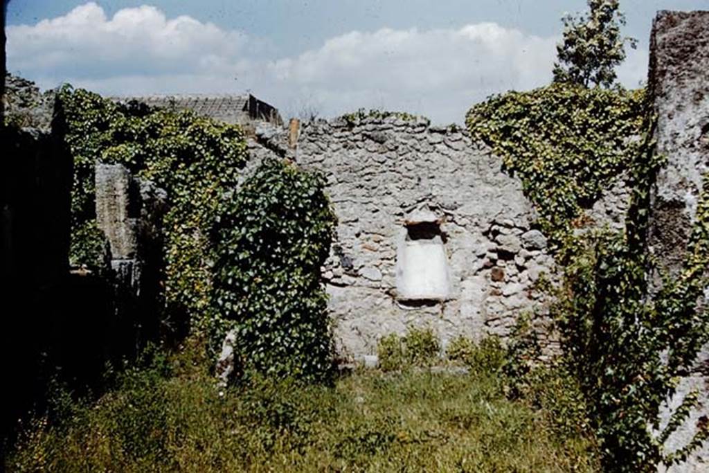 I.4.9 Pompeii. 1959. Looking east. According to Jashemski, at the rear of the tablinum was a narrow planting area, with a niche lararium, visible from the entrance doorway.  Photo by Stanley A. Jashemski.
Source: The Wilhelmina and Stanley A. Jashemski archive in the University of Maryland Library, Special Collections (See collection page) and made available under the Creative Commons Attribution-Non Commercial License v.4. See Licence and use details.
J59f0316
