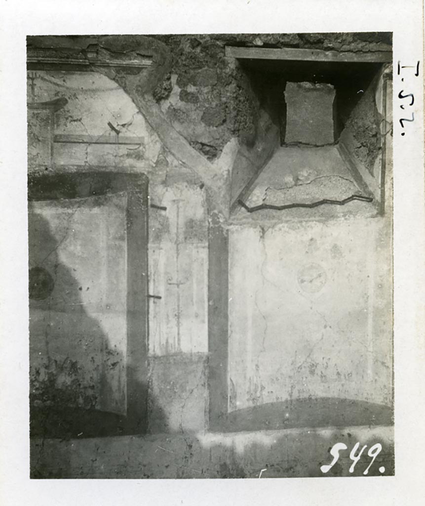 I.5.2 Pompeii. 1936.  
Central and eastern panel on north wall of small room, with window onto Vicolo del Conciapelle, on right. 
Photo courtesy of American Academy in Rome, Photographic Archive. Warsher collection no. 549.
