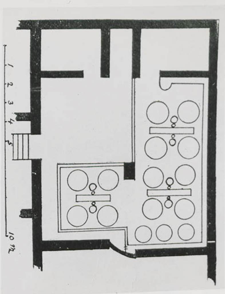I.5.2 Pompeii. Drawing of “industrial area in north-east corner of insula”.
Warscher described this as being a reproduction from Mau, Pompeji, no.246, p.416.
See Warscher T., 1936. Codex Topographicus Pompeianus: Regio I.1, I.5. (no.27), Rome: DAIR, whose copyright it remains. 
